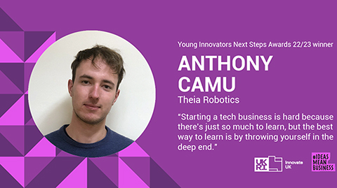 A Young Innovators Next Steps Awards purple asset including an image of Anthony Camu two logos and a quote reading "Starting a tech business is hard because there's just so much to learn, but the best way to learn is by throwing yourself in the deep end."